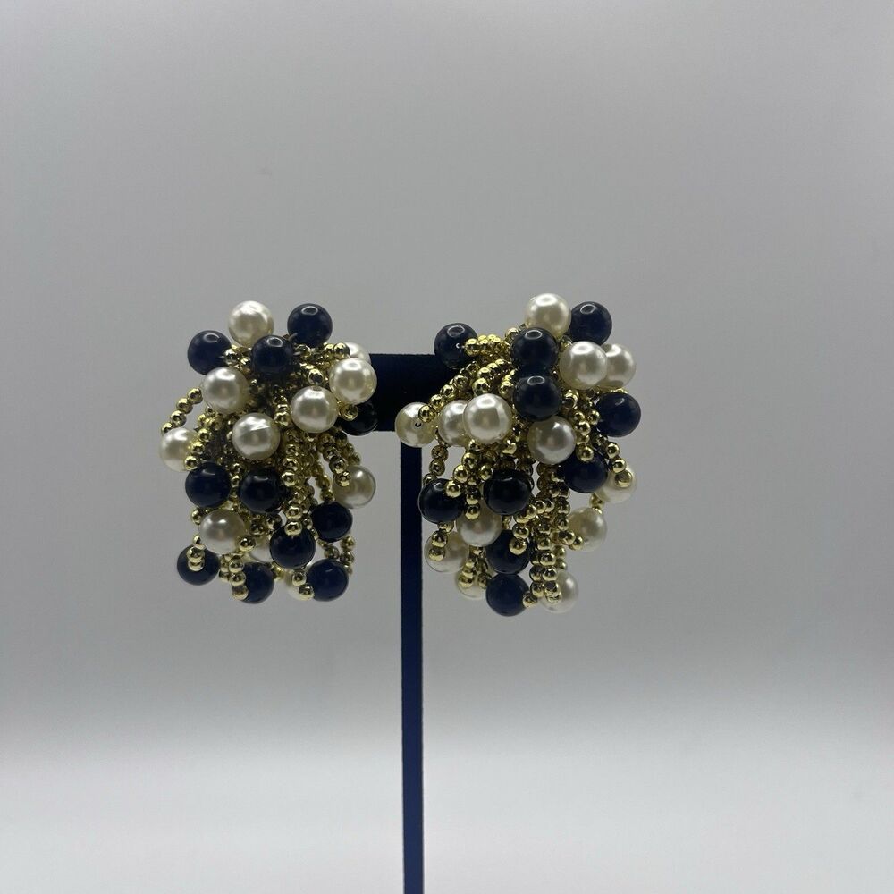 Vintage Faux Pearl Bead Cluster Dangle Earrings Gold Tone Statement Clip-On